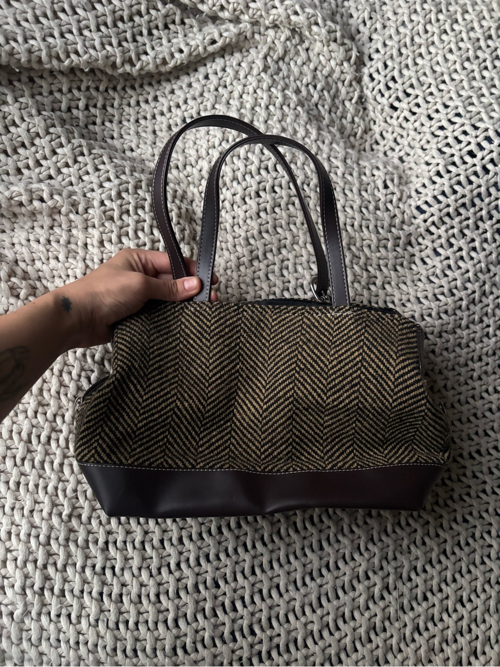 Brown Herringbone Shoulder Bag with Dark Brown Trim